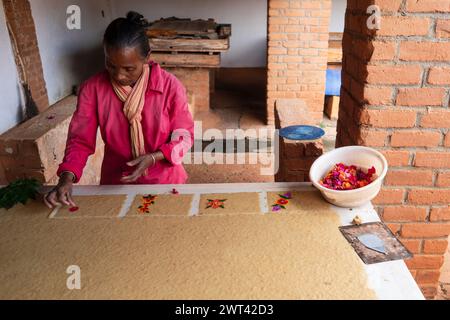 Femme main décorant des cartes de paer dans une usine de papier, Ambalavao, haute Matsiatra, Madagascar Banque D'Images