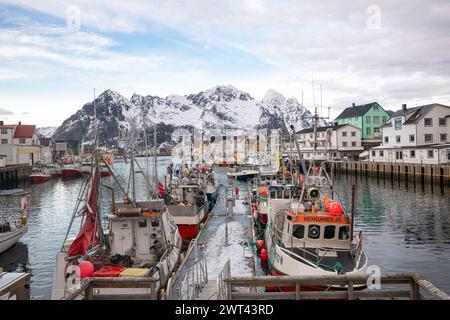 Vue pittoresque des bateaux dans le port du village de pêcheurs de Henningsvær sur les îles Lofoten, au nord de la Norvège. Banque D'Images