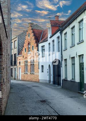 , Maisons historiques de Bruges construites avec une architecture médiévale, beau canal et maisons traditionnelles dans la vieille ville de Bruges -Bruges-, Belgique. Élevé Banque D'Images