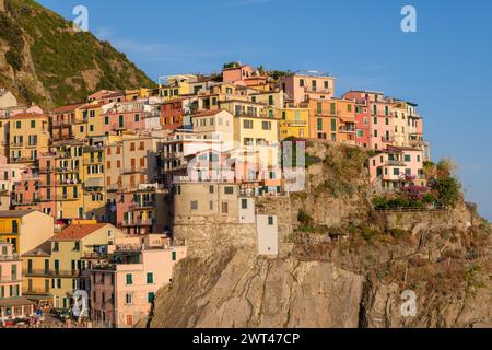 Manarola, IT - 26 juillet 2023 : maisons colorées dans le village de Manarola pendant l'heure d'or Banque D'Images