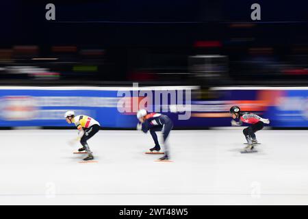 DESMET Stijn bel, HUISMAN Kay NED et AKAR Furkan TUR lors du Championnat du monde de patinage de vitesse sur courte piste à Rotterdam le 15 mars 2024. Photo de Phil Hutchinson. Utilisation éditoriale uniquement, licence requise pour une utilisation commerciale. Aucune utilisation dans les Paris, les jeux ou les publications d'un club/ligue/joueur. Crédit : UK Sports pics Ltd/Alamy Live News Banque D'Images