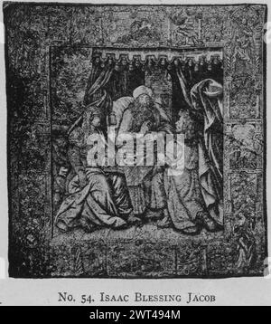 La bénédiction d'Isaac de Jacob et Esau. Inconnu c. 1590-1600 matériaux/techniques de tapisserie : inconnu culture : Centre de tissage flamand : inconnu dans la chambre à coucher, Isaac allongé dans le lit bénit Jacob qui, déguisé dans les vêtements d'Esau, apporte de la nourriture à son père ; les mains et le cou de Jacob sont couverts de peaux de chèvre (Genèse 27) (BRD) bordure segmentée avec des figures allégoriques féminines debout sous les arches; vases de fleurs et de fruits, et autres éléments décoratifs travaux connexes : tapisserie de composition similaire : GCPA 0237281 Banque D'Images