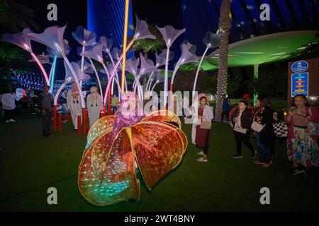 Festival Lusail 2024 lumineux à Lusail Boulevard, Qatar prise de vue nocturne montrant des affichages lumineux vibrants, une fontaine avec des foules de gens regardant Banque D'Images