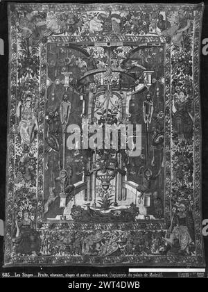 Deux singes jouant avec des cordes. Vredeman de Vries, Hans (Netherlandish (before 1600) - North Netherlands, 1527-CA.1604) (dessinateur, attr.) [Peintre] c. 1550-1560 tapisserie dimensions : H 345 x l 270 cm tapisserie matériaux/techniques : laine et soie ; fil métallique (or) ; fil métallique (argent) culture : Centre de tissage flamand : Bruxelles historique de propriété : inventaire de Carlos II (1701-1703). Inventaire de Carlos III (1788). Inventaire de Fernando VII (1834). Espagne, Ségovie, Ségovie, Palacio de San Ildefonso, accno. A. 359-12101. Assis sur la tonnelle centrale, 2 singes jouant avec des cordes à côté de 2 do Banque D'Images