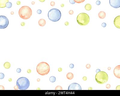 Pois orange, bleus, jaunes. Cadre aquarelle géométrique. Copier l'espace pour le texte. Cercle, confettis. Éclaboussures, bulles, taches rondes de doodle. Banque D'Images