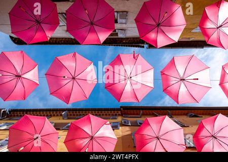 Parapluies colorés baldaquin ornant une ruelle européenne confortable sous la lumière du jour. Grasse, Provence. France Banque D'Images