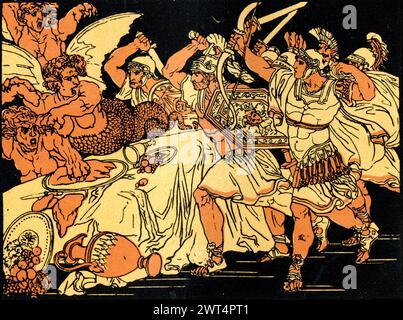 Illustration vintage mythologie romaine, bataille avec harpies, Énée un poème épique latin qui raconte l'histoire légendaire d'Énée, un cheval de Troie qui a fui la fa Banque D'Images