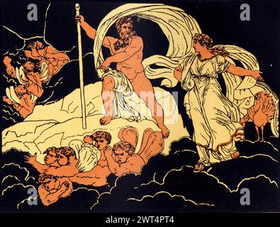 Illustration vintage mythologie romaine, Junon et Aeolus, Aeneid un poème épique latin qui raconte l'histoire légendaire d'Énée, un cheval de Troie qui a fui la chute o Banque D'Images