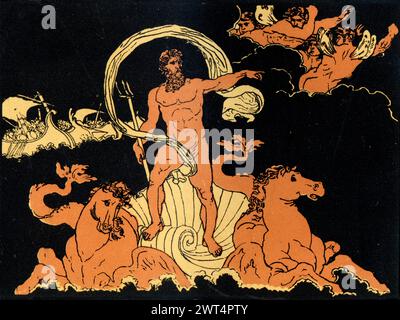 Illustration vintage mythologie romaine, Neptune étouffant les vagues, Énée un poème épique latin qui raconte l'histoire légendaire d'Énée, un cheval de Troie qui a fui Banque D'Images