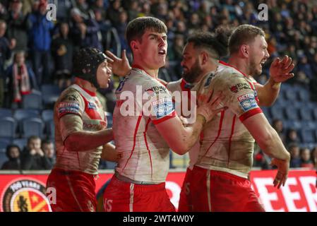 Jon Bennison de composé Helens célèbre son essai lors du match de la Betfred Super League Round 5 Leeds Rhinos vs St Helens au Headingley Stadium, Leeds, Royaume-Uni, le 15 mars 2024 (photo par Alfie Cosgrove/News images) Banque D'Images