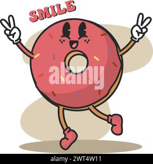 Donut groovy dessin animé Fast food Cute kawaii vecteur Illustration de Vecteur