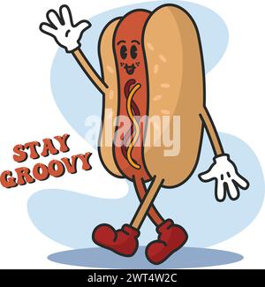 Hot dog groovy dessin animé Fast food Cute kawaii vecteur Illustration de Vecteur