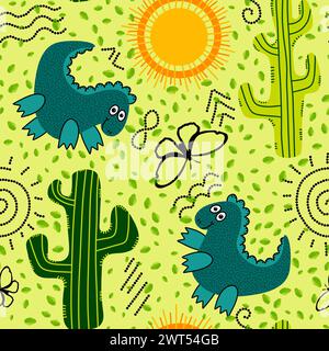 Désert d'été sans couture animaux dinosaures cactus et motif de soleil pour l'emballage du papier et des tissus et des draps et des enfants impression et emballage festif et partie Banque D'Images