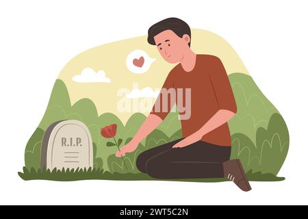 Homme en deuil assis devant une tombe dans un cimetière Illustration de Vecteur