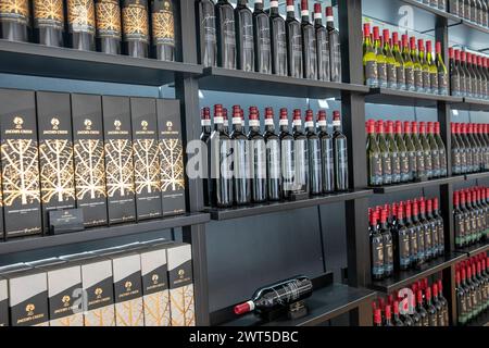 Jacobs Creek Visitor Centre dans Barossa Valley, Australie méridionale, avec une gamme de vins rouges shiraz Syrah disponibles à l'achat Banque D'Images