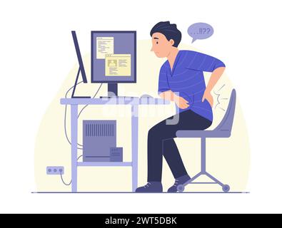 Homme freelance sentir de mal de dos sur la zone de taille tout en travaillant en ligne avec l'ordinateur Illustration de Vecteur