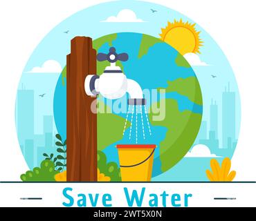 Illustration vectorielle d'économie d'eau pour la campagne d'économies de minéraux et l'utilisation de l'énergie avec robinet et concept de la terre en fond de dessin animé plat Illustration de Vecteur