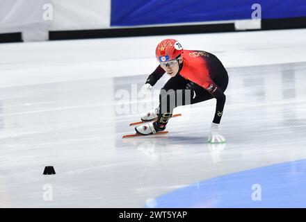 Rotterdam, pays-Bas. 15 mars 2024. Fan Kexin, de Chine, participe à la manche féminine du 500 m aux Championnats du monde de patinage de vitesse sur courte piste de l'ISU 2024 à Rotterdam, pays-Bas, le 15 mars 2024. Crédit : Lian Yi/Xinhua/Alamy Live News Banque D'Images