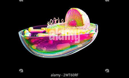 Illustration de la structure d'une cellule animale. Le noyau cellulaire est la grande sphère sectionnée. Il contient le matériel génétique de la cellule sous forme de D. Banque D'Images