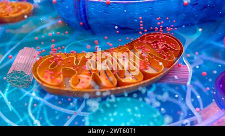 Illustration d'une cellule animale concentrée sur une mitochondrie (brune). Les mitochondries sont des organites qui produisent de l'énergie pour une cellule. Banque D'Images