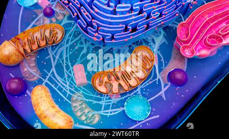 Illustration de la structure d'une cellule animale. En haut se trouve le réticulum endoplasmique (RE). Certaines parties du RE sont parsemées de ribosomes (points), les organites de fabrication de protéines de la cellule. Le corps de Golgi (rose), associé au stockage et au transport ultérieur des protéines produites par le RE et les mitochondries (brunes), les sites de synthèse d'énergie dans la cellule, est également présenté. Banque D'Images