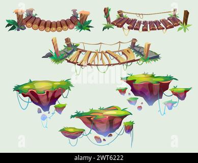 Plates-formes de niveau de jeu et ponts de corde mis isolé sur fond. Illustration vectorielle de dessins animés d'îles vertes flottantes avec de l'herbe et des lianes tropicales Illustration de Vecteur