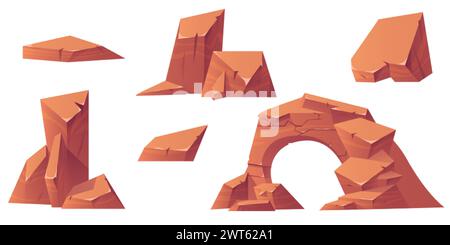 Pierres rocheuses serties isolées sur fond blanc. Illustration vectorielle de dessins animés de blocs de grès avec une surface fissurée inégale, des montagnes ou des terres désertiques Illustration de Vecteur