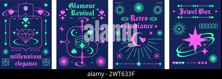 Mise en page d'affiche minimaliste dans le style y2k avec des couleurs néon vives éléments simples et icônes sur fond bleu foncé. Ensemble vectoriel de conception de bannière templat Illustration de Vecteur