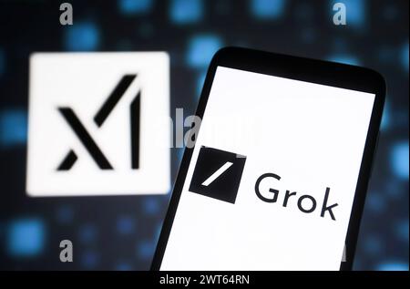 Ukraine. 16 mars 2024. Dans cette illustration photo, le logo Xai Grok est vu sur l'écran d'un smartphone. Grok est un chatbot d’intelligence artificielle générative développé par XAI. (Photo de Pavlo Gonchar/SOPA images/SIPA USA) *** strictement à des fins éditoriales *** crédit : SIPA USA/Alamy Live News Banque D'Images