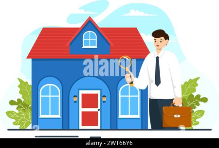 Home Inspector Vector illustration avec vérifie l'état de la maison et écrit un rapport pour la recherche de loyer d'entretien en fond plat Illustration de Vecteur