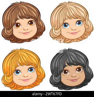 Quatre enfants de dessin animé avec différentes couleurs de cheveux. Illustration de Vecteur