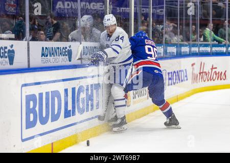 15 mars 2024 : le défenseur des Marlies de Toronto Mikko Kokkonen (84) patine en deuxième période contre les Américains de Rochester. Les Américains de Rochester ont accueilli les Marlies de Toronto dans un match de la Ligue américaine de hockey au Blue Cross Arena de Rochester, New York. (Jonathan Tenca/CSM) crédit : CAL Sport Media/Alamy Live News Banque D'Images