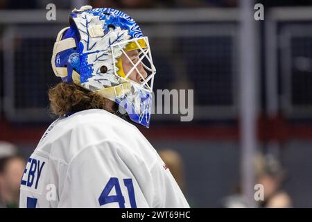 15 mars 2024 : le gardien des Marlies de Toronto, Dennis Hildeby (41), patine en deuxième période contre les Américains de Rochester. Les Américains de Rochester ont accueilli les Marlies de Toronto dans un match de la Ligue américaine de hockey au Blue Cross Arena de Rochester, New York. (Jonathan Tenca/CSM) crédit : CAL Sport Media/Alamy Live News Banque D'Images