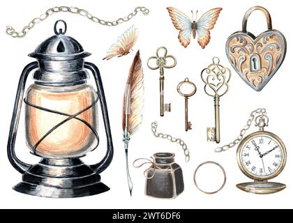 Vintage set avec lanterne, montre de poche, clés, chaîne, serrure, plume, encrier, papillons. Illustration d'aquarelle dessinée à la main. Clipart d'isolé Banque D'Images