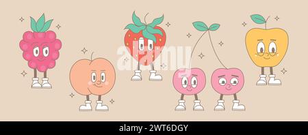 Personnages de fruits de dessin animé rétro groovy. Mascotte comique mignonne moderne de framboise, pêche, fraise, cerise, pomme avec visage et pieds heureux sourire. Hippie Illustration de Vecteur