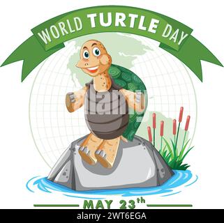 Tortue joyeuse célébrant la Journée mondiale de la tortue sur un rocher Illustration de Vecteur