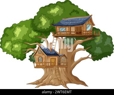 Illustration d'une cabane fantaisiste dans les arbres parmi le feuillage vert Illustration de Vecteur