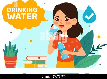 Les gens buvant de l'eau à partir de bouteilles en plastique et de verres avec Pure Clean Fresh concept dans Flat Kids Cartoon Vector illustration Illustration de Vecteur