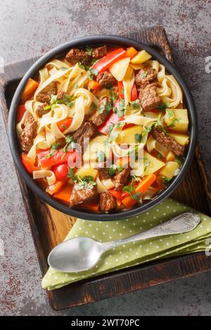 Lagman ouzbek Dish est une soupe parfumée avec des nouilles et des morceaux d'agneau, des légumes et des herbes en gros plan sur l'assiette sur la planche de bois. Vue de dessus verticale Banque D'Images