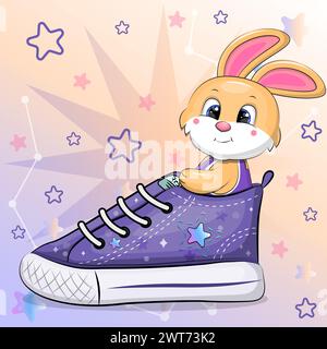 Un lapin de dessin animé mignon avec une sneaker. Illustration vectorielle d'un animal sur un fond coloré avec des étoiles. Illustration de Vecteur
