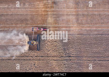 Antenne de moissonneuse-batteuse déchargeant le blé récolté sur un chasseur de poubelle près de Wallumbilla sur le Maranoa Queensland Australie Banque D'Images