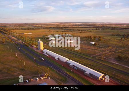 Aérien de Silo's et hangars pour la récolte de blé à Wallumbilla sur le Maranoa Queensland Australie Banque D'Images