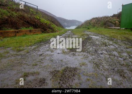 Tragumna, West Cork, Irlande. 16 mars 2024. Gardai interroge actuellement 10 hommes soupçonnés d'avoir tenté de débarquer de la drogue à Tragumna, dans l'ouest de Cork. La cale où le gang a tenté de lancer une CÔTE pour ramasser de la drogue était calme aujourd'hui. Crédit : AG News/Alamy Live News Banque D'Images