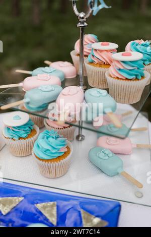 Cupcakes pastel, crème glacée et popsicles exposés pour une célébration. Banque D'Images