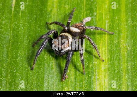 Adanson's House Jumper Spider (Hasarius adansoni) mâle adulte sur une feuille. Trouvé dans un centre de jardinage. Carrmarthenshire, pays de Galles. Novembre. Banque D'Images