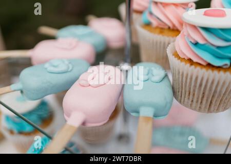 Un cupcakes pastel, une glace et des popsicles exposés pour une célébration. Banque D'Images