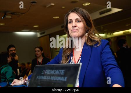 Torino, Italie. 16 mars 2024. Chiara Gribaudo sorride durante l'assemblea regionale del Partito Democratico per eleggere il candidato alle elezioni regionali piemontesi a Torino, Italia - Cronaca - sabato 16 Marzo 2024 - ( photo Alberto Gandolfo/LaPresse ) Chiara Gribaudo sourit lors de l'Assemblée régionale du Parti démocrate pour élire le candidat aux élections régionales du Piémont à Turin, Italie - samedi 16 mars 2024 - Actualités - ( photo Alberto Gandolfo/LaPresse ) crédit : LaPresse/Alamy Live News Banque D'Images