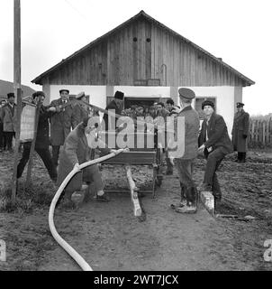 Une coopérative agricole d'Etat en Roumanie communiste, dans les années 1970 Groupe de paysans pratiquant comment faire fonctionner un wagon de pompiers avec une pompe à main, à utiliser en cas d'urgence incendie à la ferme collective. Banque D'Images