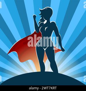 Silhouette de super-héros féminin dans la cape rouge debout sur fond Blue Burst illustration vectorielle. Aucune IA n'a été utilisée. Illustration de Vecteur