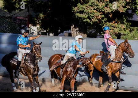 L'argentin Federico Ferrari de l'équipe Don Emilio (R) vu en action avec l'argentin Justo Bermudez (C) et le chilien Salustio Montalva (l) de l'équipe Sierra de los Padres, lors de l'Open Horseball Argentina qui s'est tenu au Regimiento de Granaderos a Caballo. Le tournoi international 'Open Horseball Argentina' s'est déroulé au Regimiento de Granaderos a Caballo General San Martín, dans la ville de Buenos Aires, les 7, 8 et 9 mars à des fins promotionnelles. C'est le prélude au Championnat du monde de Horseball 2025 qui se tiendra en Argentine. Trois matchs ont été joués à chaque date. Les équipes étaient m Banque D'Images